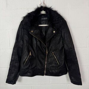 Guess Women's Faux Leather Moto Jacket Removable Faux Fur Collar Baddie Biker XL